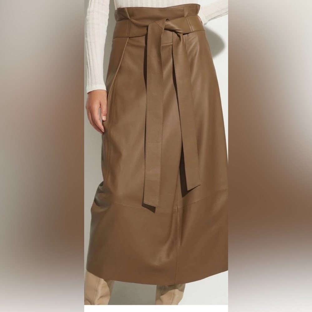 Women's Genuine Lamb Leather Midi Skirt in Tan - Buttery Soft
